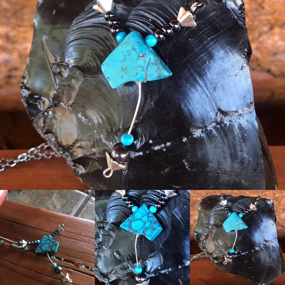 Turquoise & Hematite Necklace 20” Silver Chain